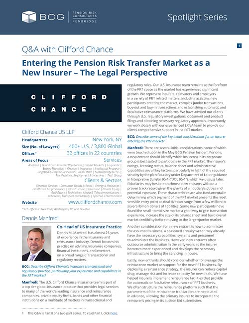 Spotlight Series – Q&A with Clifford Chance - Entering the Pension Risk Transfer Market as a New Insurer – The Legal Perspective
